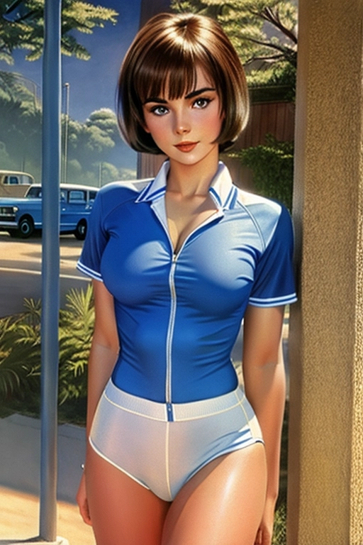 Colour painting of a young Jean Simmons ((accurate face)), in nostalgic blue and white gym uniform, ((bare thighs)), smooth skin, sexy butt, fine beautiful body, (detailed skin features),(detailed face features), beautiful face, (detailed body features), beautiful eyes,