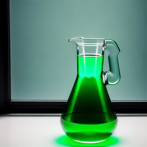 a photograph of an erlenmeyer flask cut in half placed in front of a screen, green fluid, mysterious lighting, biochemical experiment setup, placed on a stele made of painted wood