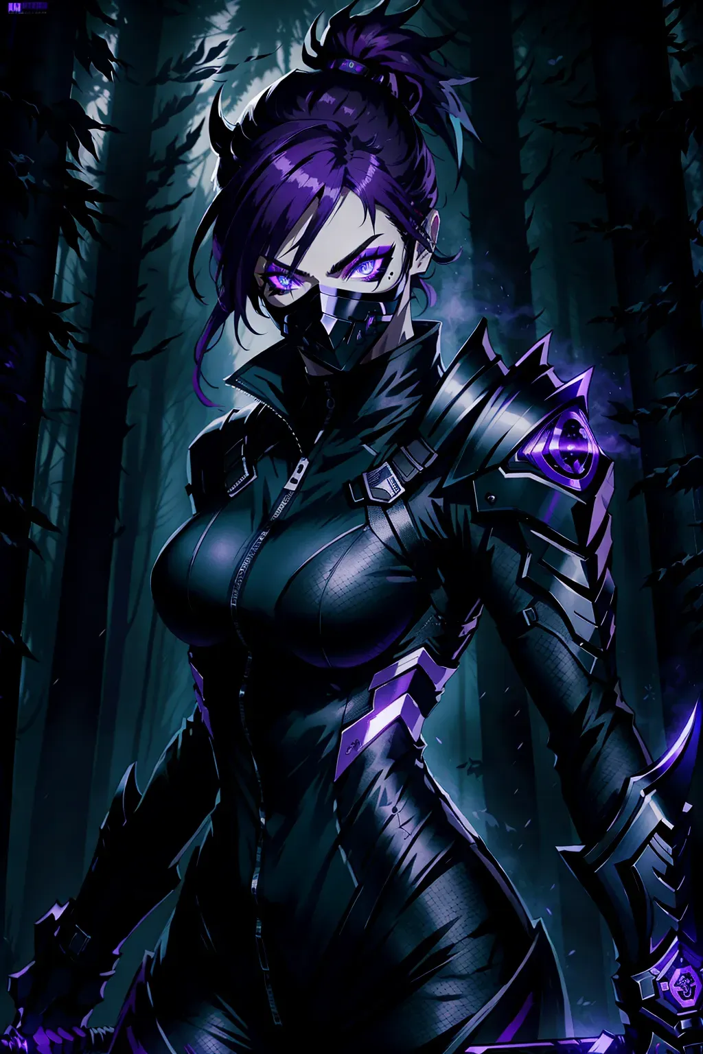 Ninja, full face mask, black, glowing purple accents, with a sword, female, 8k wallpaper, best quality, ultra hd, global lighting, hi-resolution, high quality, highly detailed, in a dark forest