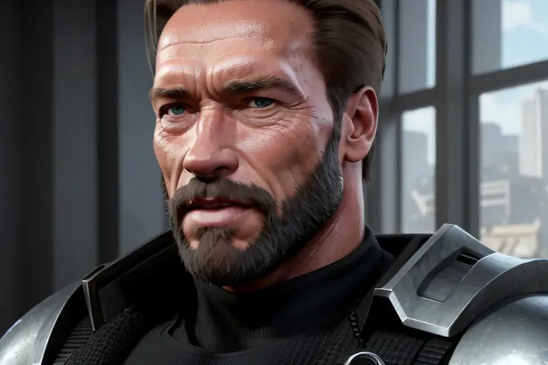 a concept art of,Arnold Schwarzenegger, beard, light freckles, empty hands, in resident evil universe, in black tactical pants, black military armor, combat boots, confident smile, five fingers per hand, confident, dirty face, beautiful lips, deep eyes, curved eyebrows, textured skin,cgsociety,8k, unreal engine, highly detailed, artstation, deviantart, cinematic, centered, medium close up, 8k, studio lighting, head in frame, long neck, entire head in frame, hyper-realistic