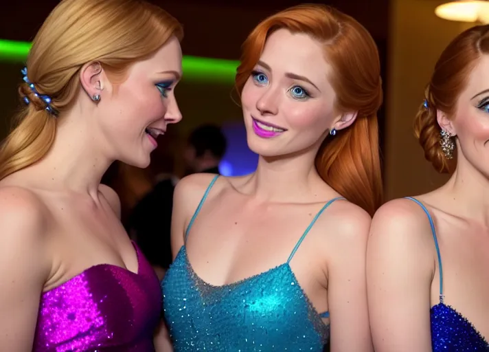 low angle shot beautiful Nordic auburn haired blue eyed Queen Anna of Arendelle portrayed by Elizabeth Lail with her sister platinum blond Elsa of Arendelle portrayed by Georgina Haig at a New Years Eve party in Las Vegas.