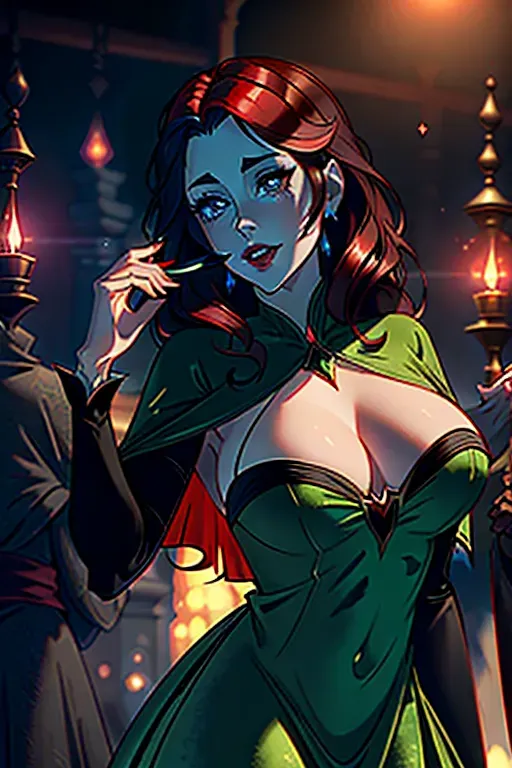 Disney,wide eyes,European,Anna of Arendelle,blood trickling from bite on neck,neck high green velvet modest dress with fold over flap,separate Count Dracula in black and red embracing from behind his fangs upon her neck,modest breasts,five fingers per hand,sweet face, beautiful lips,curved eyebrows,straight auburn hair, medium long hair, theateric dramatic club lighting,ultra realistic,pixiv,unreal engine,bokeh, fingers on arched neck, Frozen 2