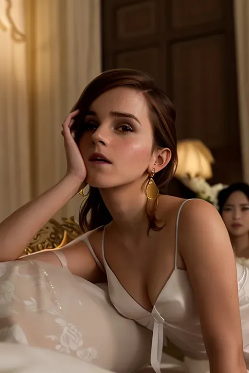 a photograph of emma watson,wearing white ao dai,on the bed,in a tea party,big breasts,five slender fingers,gorgeous face,beautiful lips,brown eyes,curved eyebrows,curved eyelid,smooth skin,joyful,wearing golden ring,cinematic lighting,unreal engine,ultra realistic,studio lighting,cgsociety, no bra, opening legs, stocks