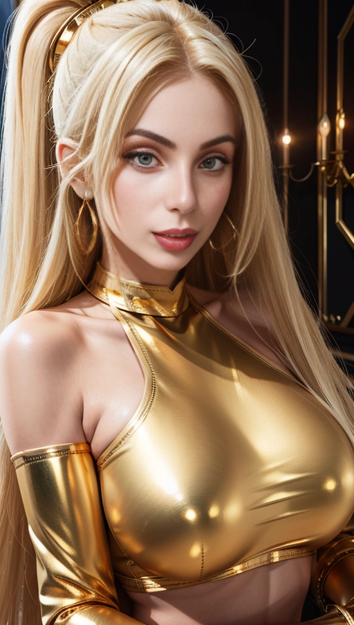 best quality, (((ultra high res))), (((detailed face and eyes))), (perfect face), big shining heart choker, earrings, jewelry, ((long voluminous hair)), (((golden gloves))), ((((light blonde hair)))), ((single ponytail)), ((((straight hair)))), (((golden bracelet))), (((huge golden hair cuff))), (((skintight golden crop top))), (lipstick), ((((neckholder)))), (((skintight))), ((old mansion)), (((very long hair))), ((((face closeup)))), ((golden sleeves)), (((face very close))), big boobs, hands on her boobs