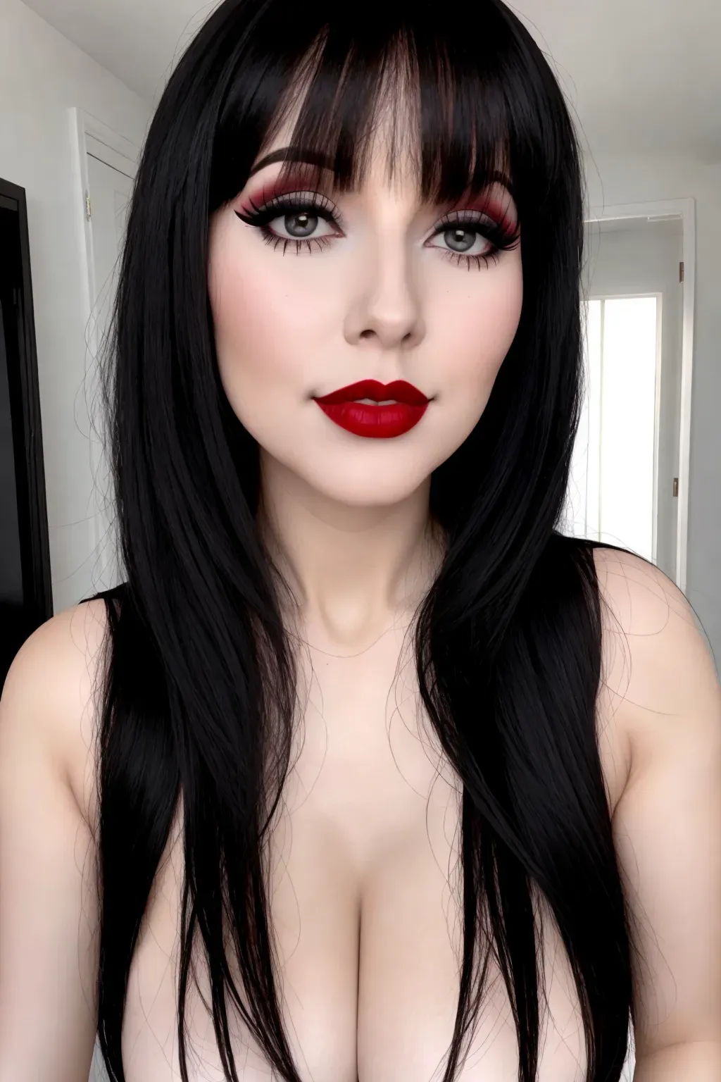 Elvira,white skin,black beehive straight hair,fit,nude,goth,red lipstick
