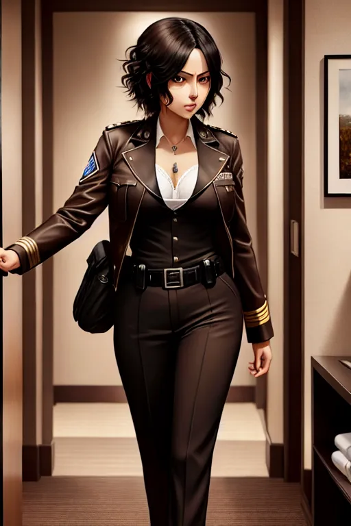 a oil painting of,mikasa ackerman,wearing police clothes,walking,in a hotel room,amazing breasts,five slender fingers,curly hair,charming face,beautiful lips,brown eyes,curved eyebrows,tattoo,smooth,pixiv,professional,surreal,highly detailed
