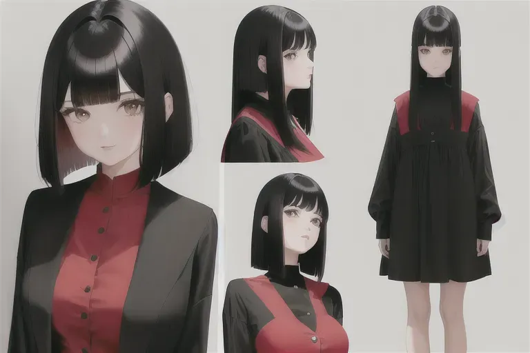 1girl , bob cut , long locks, black hair , red vintage dress , 160cm , brown eyes ,