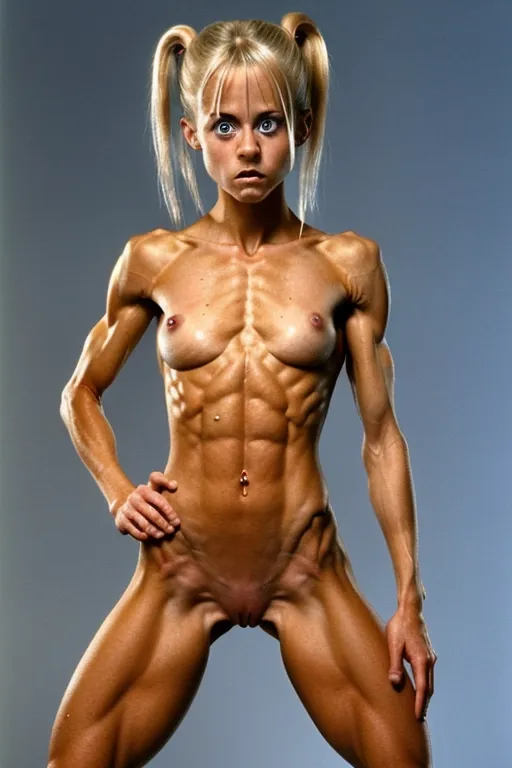 A very fit and skinny 18 year old naked Linnea Quigley, look of pain on her face, pushing her abs out, very low body fat, extremely lean body, perfect body, showing her vagina, standing in a hot fuck palace, fully nude, fully tanned, hair bun, spreading her legs, perfectly shaped breast, blue eyes