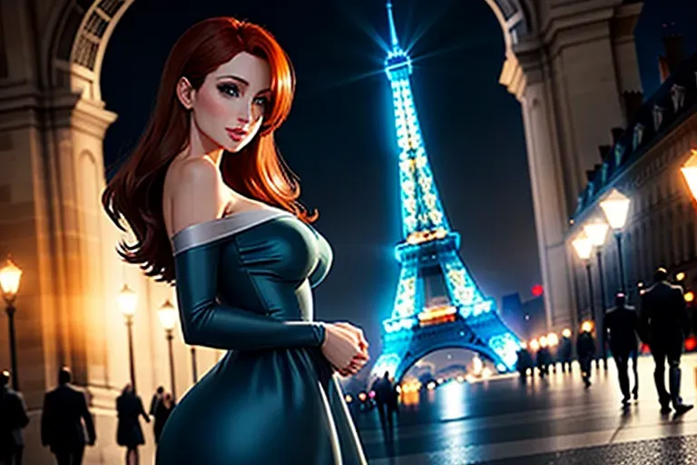 two figures.
low angle shot,very low dim eerie light,
long shot, front view, night time in Paris.
innocent sweet, excited, Anna of Arendelle 37 years old, Nordic, dressed in dark green dress attire, large natural round blue eyes, long auburn hair, sweet face, warm smile, beautiful lips, soft curved eyebrows, smaller modest breasts, no glasses, no sunglasses.
With Elsa platinum hair, blue dress,
visiting the Eiffel Tower.
five fingers per hand, ultra realistic, pixiv, unreal engine, bokeh, reduced saturation, adult