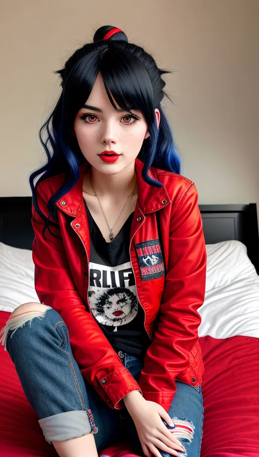 young 25 year old lady,(beautiful face with Downturned eyes with snub nose and lush lips), angry, worn and very torn jeans, (black short crazy Manga style hair), bluish eyes, (red doc Martin shoes), (red leader jacket and a black shirt with huge letters), (sitting in a punky bed), shy smile, (((ultra high resolution photo))), close up
