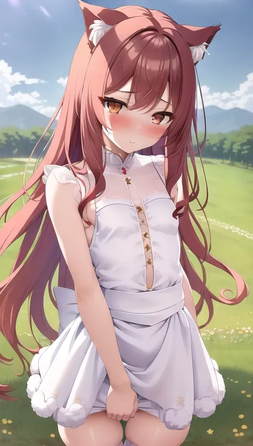 masterpiece, best quality, ((small breasts)), detailed background, delicate woman in a field, ((fluffy white skirt)), red hair down to her waist, detailed golden eyes, thigh gap, exhausted, blushing, pussy outline, detailed pussy, cat ears, fluffy tail