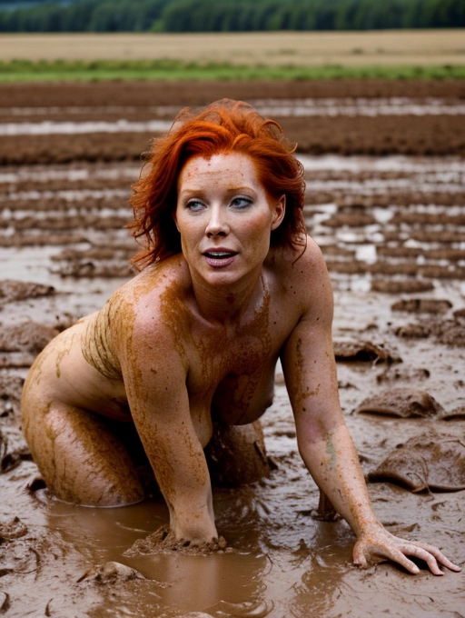 a naked redhead lady casually wallows in mud surrounded by pigs