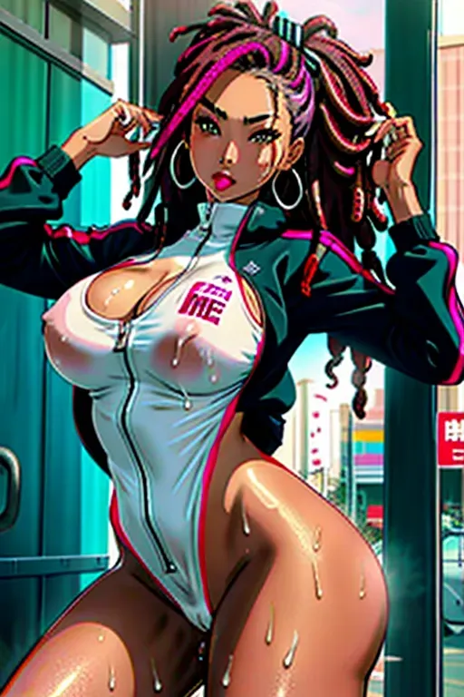 digital art, milf, medium-sized breasts, mixed asian and black race, wide mouth, arched eyebrows, insanely beautiful, pink lipstick, nude, red dreadlocks updo,covered in cum, semen, sperm, jizz, cumshot, huge load, extreme amounts of semen, photorealistic semen, wet, thick cum, sticky cum, heavily covered in semen, large breasts, (tracksuit), no pants, no panties, (ahegao)