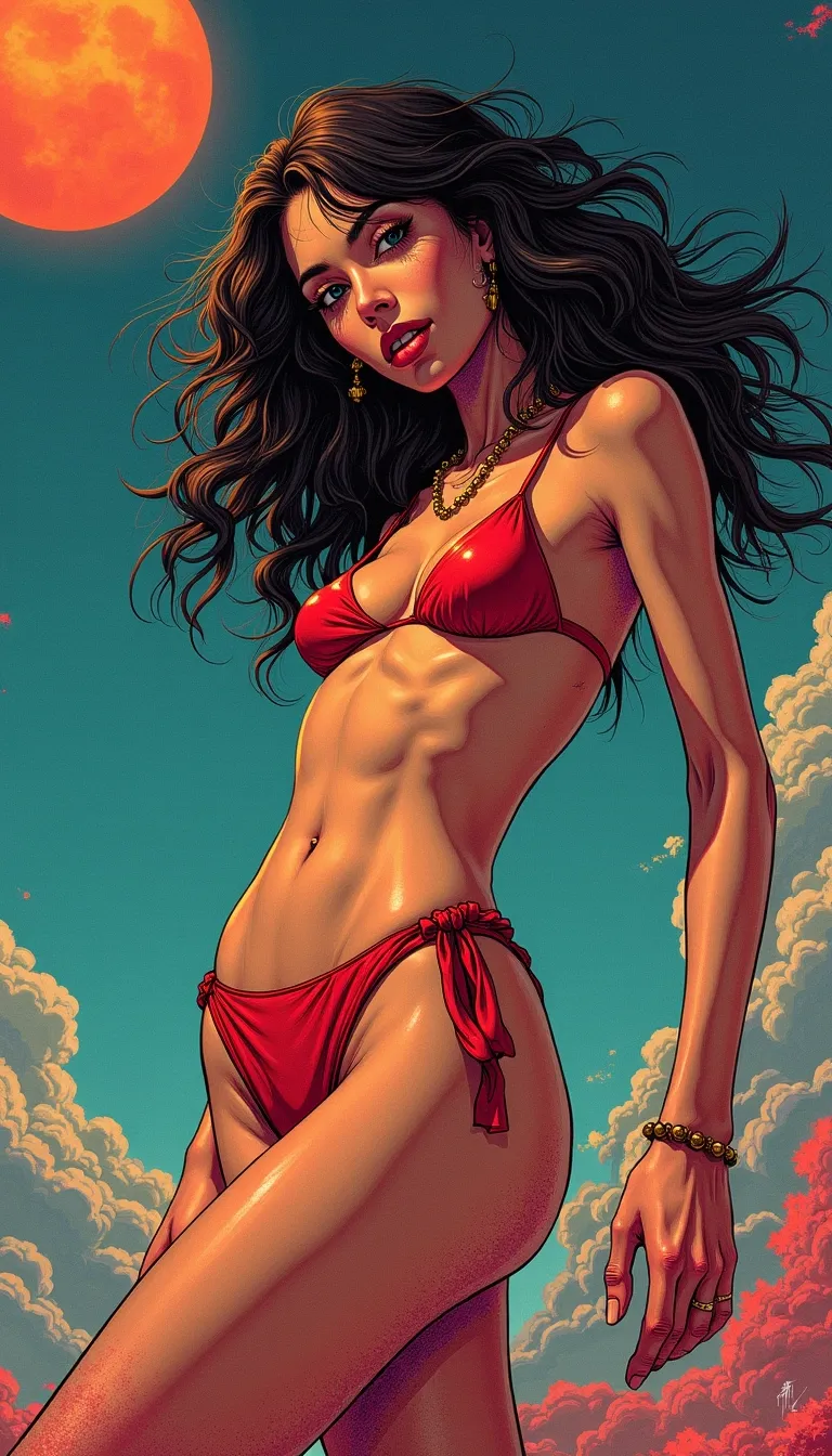 photorealistic and surrealistic film in a comic illustrations style by Mike Deodato, (interesting unique diverse complex character design that is a woman:1.2), (photorealistic detailed face:1.1), (classic stereotypical over tuned retro comics body shape and anatomy),
big variation of colors , smooth pencil brush to create a composition of vivid colors, thick black outlines, flat shading, minimal highlights ,interesting detailed Foreground and background depth are clear giving visual complexity to the scene