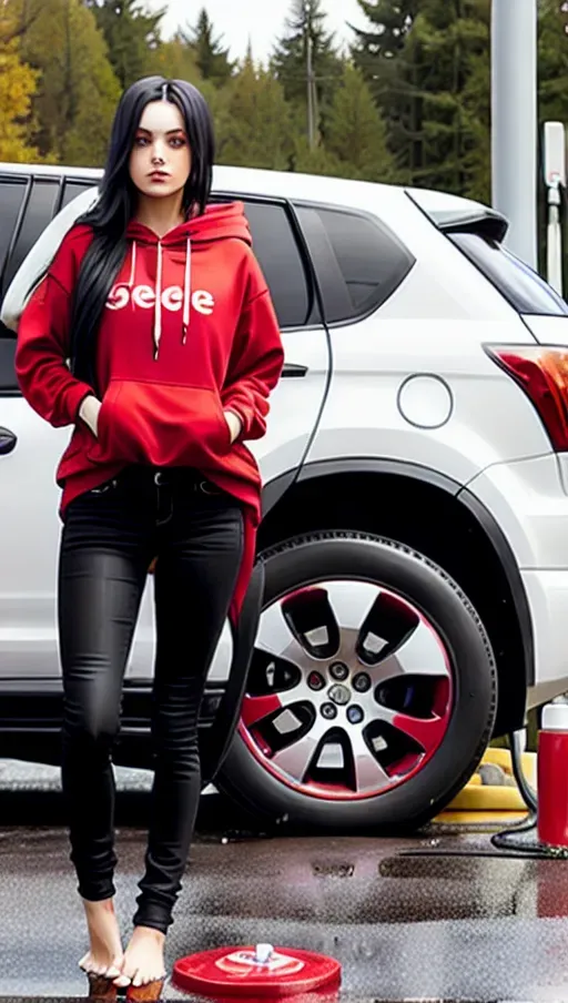 full-body image of gorgeous barefooted slender pale Romanian scene girl with red eyes and long black hair with red highlights wearing black jeans and a red and black hoodie standing at a gas pump while pumping gasoline into her black car at a public gas station while stepping in a small puddle of oil and gasoline with bare feet,