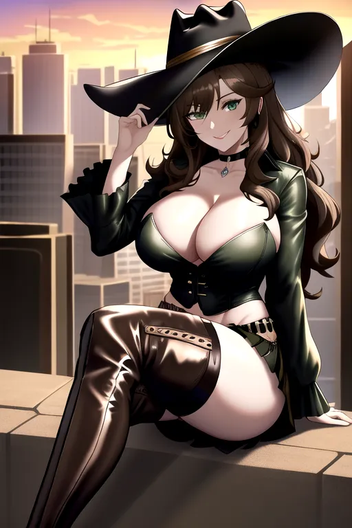brown hair, green eyes, black cowboy hat, miniskirt, cleavage, giant breasts, black high heels, thigh high boots, pale skin, sunset, city environment, sitting down, looking at viewer, pov, smiling, 1 girl, short girl, 4k, choker, wavy hair, yellow top, black skirt, holding knife, gun holstered on side