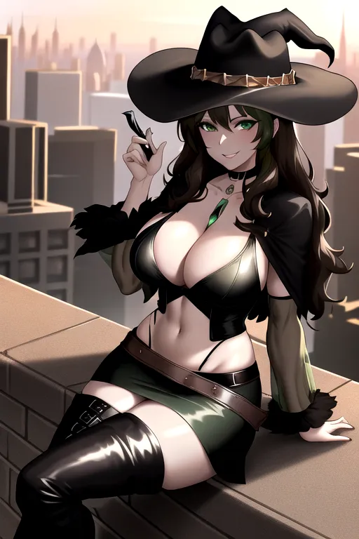 brown hair, green eyes, black cowboy hat, miniskirt, cleavage, giant breasts, black high heels, thigh high boots, pale skin, sunset, city environment, sitting down, looking at viewer, pov, smiling, 1 girl, short girl, 4k, choker, wavy hair, black top, black skirt, holding knife, white poncho