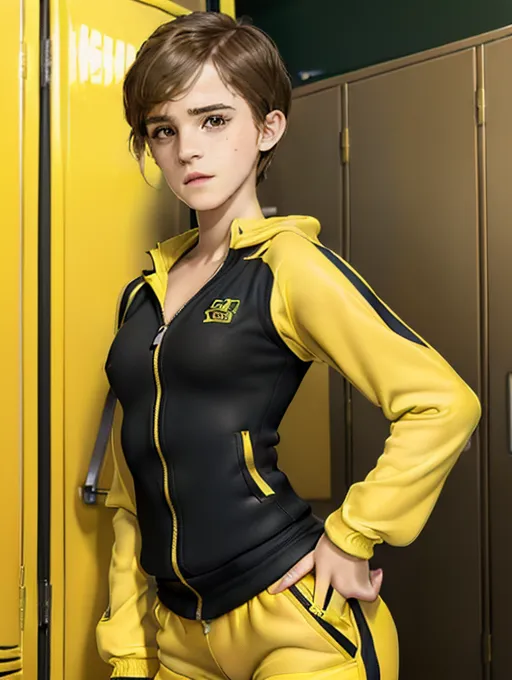 realistic HD photograph ((wide shot)), (((Emma Watson))) ((((accurate face)))),(((in a locker room)))(((wearing unzipped yellow tracksuit with black trim)))(((topless))),((very sexy pose)),(((small perky breasts))),(((slender body))), (((very short pixie haircut))), five slender fingers, beautiful face, beautiful lips,detailed large eyes,curved eyebrows,cgsociety,cinematic lighting,studio lighting,professional,editorial,<lora:dpmg_fingering:1>