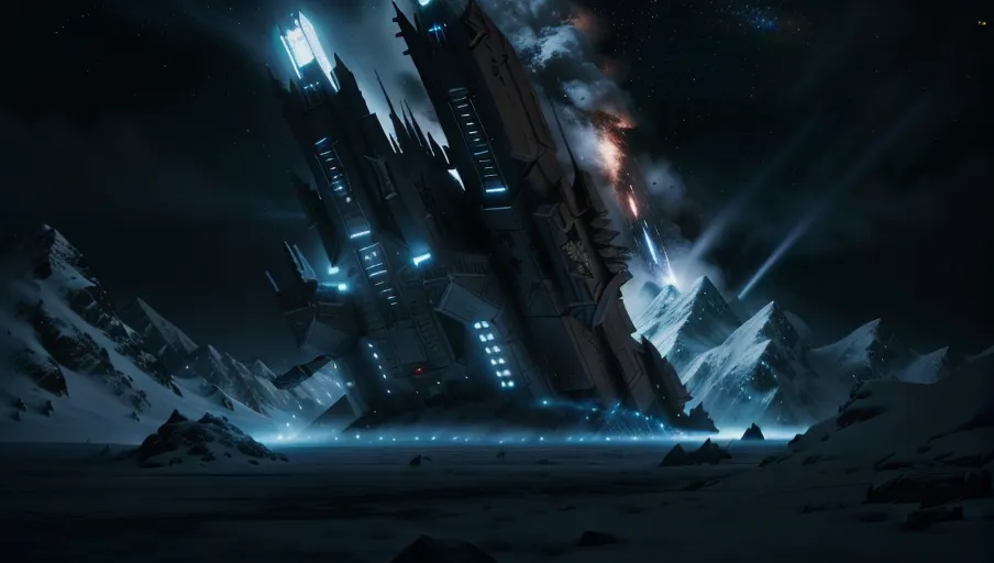 <lora:dpmg_scifi:0.5> long ((space craft)) in the style of warhammer 40k, mixture between a space-ship and a church, ((crashed)) on a snowy hill, mountains in the background. ((No lights)) or power to the ship, debris from the ship is scattered around. Dark atmosphere, gloomy setting. cinematic composition, UHD, HDR, highest quality, highest quality