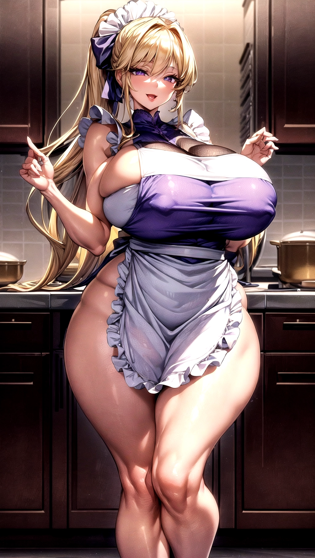 Beautiful, masterpiece, professional, HDR, UHD, (((64K resolution))), ((((kitchen background)))), ((1girl)), (solo), (full body), pov,
A beautiful woman with an hourglass body wearing ((((only a tight white kitchen apron)))), belt, short ponytail, hair bow, bright red lips, nipple dents, big smile, open mouth, tan skin, bare shoulders, bare neck, deep cleavage, ((gigantic tits)), ((thick thighs)), (((wide hips))), (((absolutely massive breasts))), ((very thin waist)), very detailed face, (very long eyelashes), golden blonde hair, (bright purple eyes), beautiful eyes, ((highly detailed eyes)), perfect hair, <lora:dpmg_add_detail:1.2>,