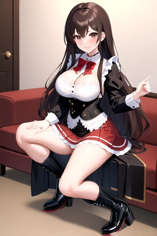 long hair, pale skin, brown hair, brown eyes, black choker, giant H-cup breasts, wavy hair, black maid uniform, smiling, full body photo, 28 years old, miniskirt, cleavage, high heels, red corset, 8k quality, red boots, in living room