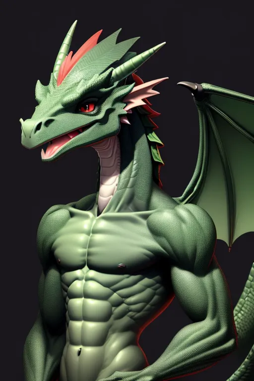 A male wingless anthropomorphic green dragon, medium snout, two bright green cocks, vertical black stripe down the middle of body.