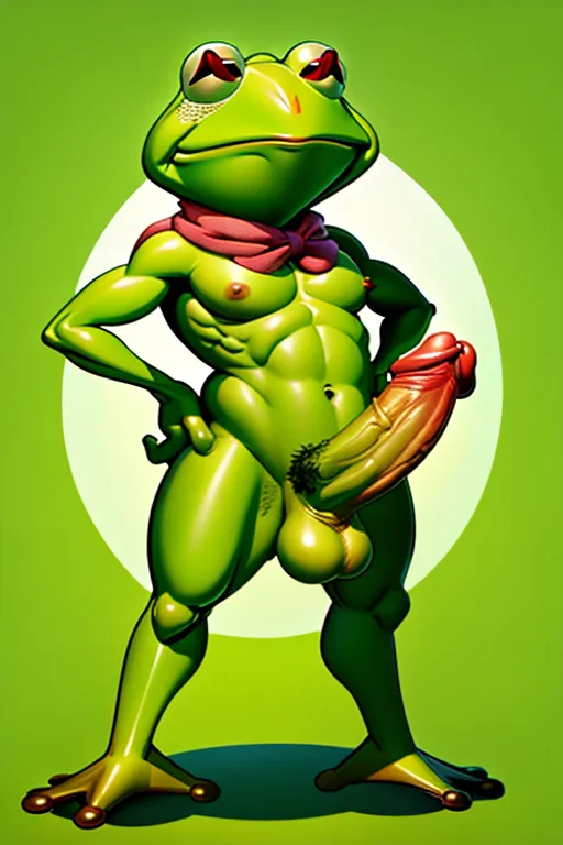 cartoon drawing of kermit the frog, nude frog body, big penis, huge testicles, full body, standing with hands on hips