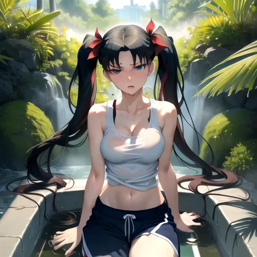 Rin Tohsaka, Rin, Tohsaka, Fate Stay Night, Fate, Nyotengu (DOA), Dead or Alive,
masterpiece, solo, best quality, nsfw, bokeh, uncensored, ultra realistic face, perfect eyes, perfect edges, two arms, two hands, ultra realistic, perfect face, perfect anatomy, (soft focus), ((perfect lighting)), full body, beautiful woman, beautiful, mature woman, sexy, adult, old adult, mature adult,
pigtails with ribbons, long black hair, full bangs, small eyes, tiny eyes, proportional eyes, blue green eyes,
cleavage, ((perky breasts)), big breasts, big boobs, huge boobs, busty, perfect boobs, perfect breasts, skinny, thin,
tank top, round neck top, flowing tank top, see-through tank top, loose shirt, joggers, sporty, running attire, shorts, casual clothes, casual, summer clothes, dressed for a hot day, sweaty, wet, sweaty body, wet body, dripping wet, shower, bath, steamy
naughty, naughty expression, naughty face, naughty look, seductive, seducing, horny expression, horny, embarrassed,