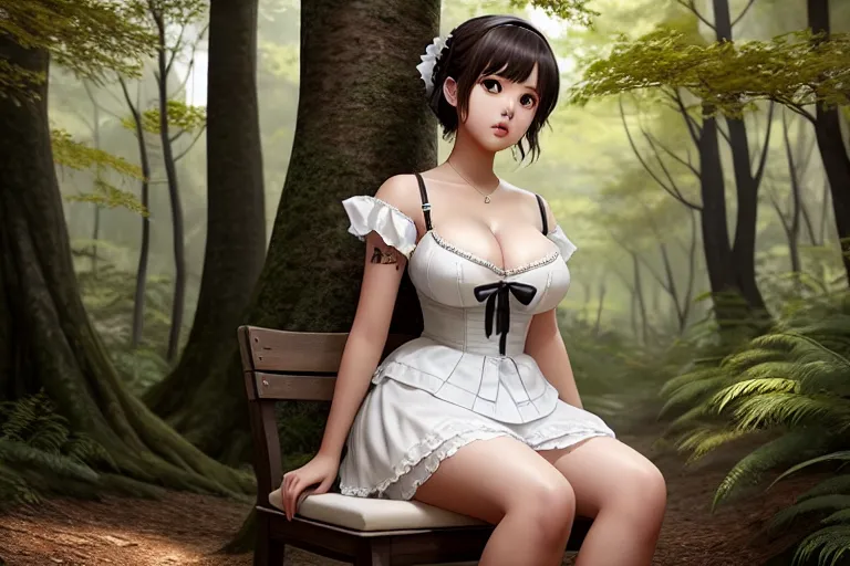 a concept art of,kim so hyun,wearing maid clothes,sitting in a chair,in the forest,big breasts,five slender fingers,short hair,gorgeous face,beautiful lips,brown eyes,curved eyebrows,pale skin,romantic,tattoo,pixiv,cgsociety,artstation,editorial,bokeh