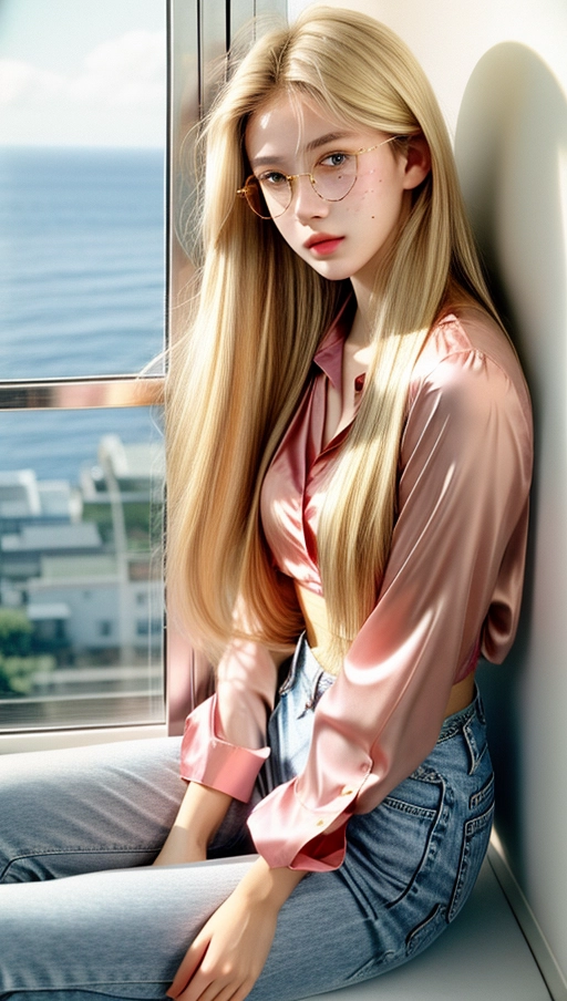 64k, raw photo, masterpiece, A slender Swedish 18 year old girl with long blonde straight Hair, (long Face), (long Nose), blushing, too much make up, wearing big golden Glasses, wearing tight wight pants, wearing a pink Silky blouse, shy, small waist, petit breasts, red rouge, blue eye shadow,
disposable camera photograph, large film grain, high contrast, Flash photography, full body view,
perfect skin, Feminine, innocent, highly detailed facial features, faint freckles, Real perfect looking face, perfect hair, 18 years old, Natural hair, highly detailed face, mouth and eyes, high cheekbones,
Wide-angle lens, Sliver movie, natural lighting, shot on Agfa Vista 200 --ar 9:16 --v 5, <lora:dpmg_add_detail:1>