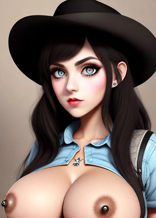 Cute Italian girl, simple grunge makeup, pale colored eyes, big wide eyes, black hair, big lips, high riding huge boobs, gigantic tits, cowgirl shirt, photorealistic, best quality, ultra high resolution