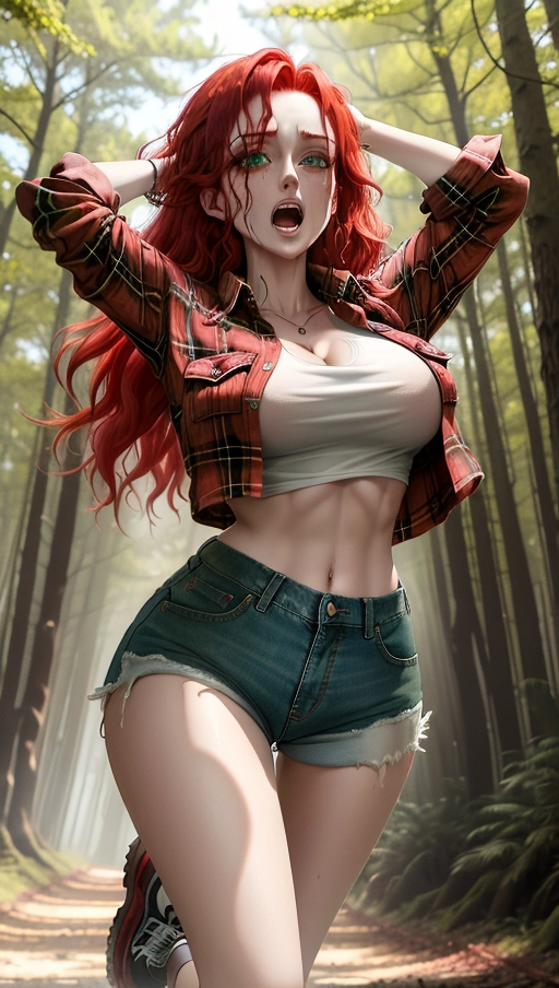 red hair flannel shirt midriff exposed large breasts
short denim shorts daisy dukes outside in woods green eyes torn clothes looking afraid running mascara horror exposed breasts large breasts fearful sweat wet panic being chased bouncing breasts