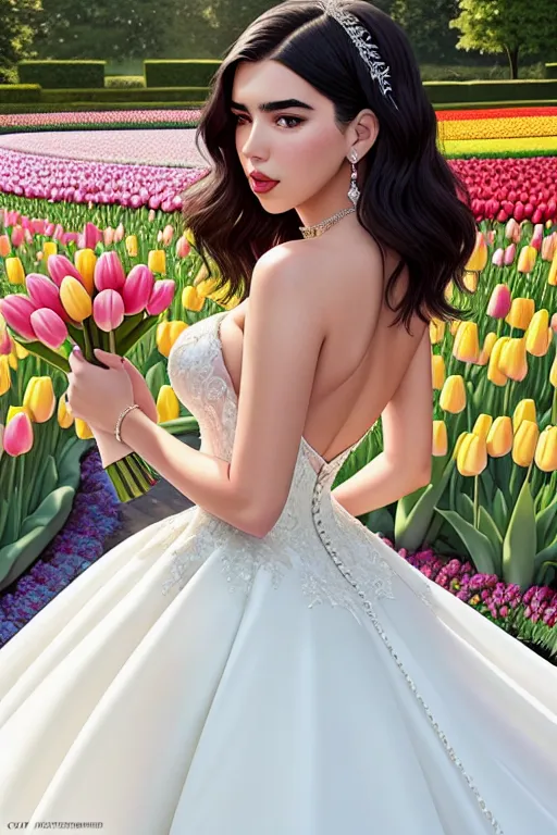a color pencil draw of,dua lipa,wearing wedding dress,arched back pose,in a tulip garden,amazing breasts,five fingers per hand,fishtail hair,beautiful face,beautiful lips,black eyes,curved eyebrows,curved eyelid,pale skin,joyful,wearing necklace,8k,highly detailed,smooth,ultra realistic,cgsociety