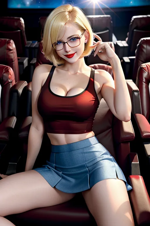 A 20k resolution photo shot of a hot blonde, massive breasts, glasses, pale skin, fit body, blue eyes, sitting in a cinema, short skirt, no panties, legs spread to show pussy, legs apart, tease, flashing, short blonde hair, glasses, red lipstick, fit, big smile, posed seductively, slim, posed seductively