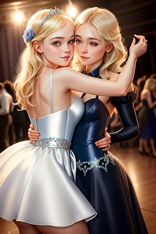 aurora at prom slow dancing with a partner, dancing with an older woman, Disney princess, elle fanning face, blonde hair, wide blue eyes, soft cheeks, full lips, happy smile, curvy, perky breasts, thin waist, fucking, public hair, aroused, cute outfit, dancing in prom, school dance setting, high definition, excellent lighting, 4k quality, looking horny, sassy, flirty, blue mini prom dress, formal hair,