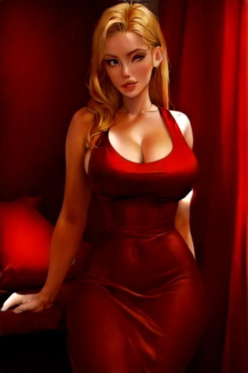 realistic, beautiful blonde woman, medium breasts, wearing a red dress, hot, gorgeous