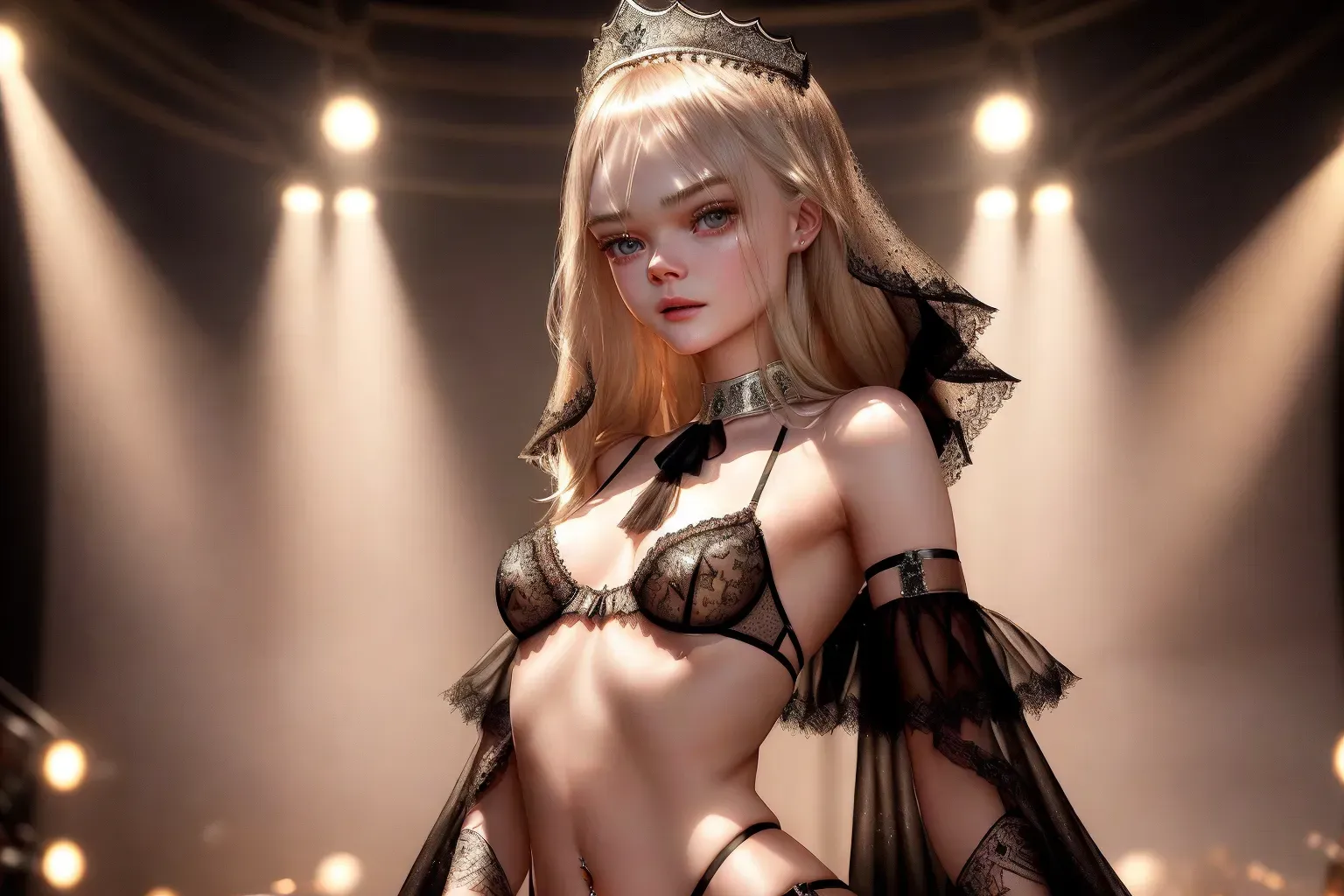 realistic HD photograph of, (((Elle Fanning)))((accurate face)), (((As a Victorias Secret runway model)))(((wearing exotic cosplay Lingerie)))(((garter belt)))(((exposed midriff)))(((belly piercing)))(sparse body glitter), very sexy pose, (((extremely small breasts)))(((perky breasts))), (((EXTREMELY slender petite body))), (((Dark Brunette))), five slender fingers, ((((detailed female anatomical features)))), beautiful face, beautiful lips,detailed large eyes,curved eyebrows,cgsociety,cinematic lighting,studio lighting,professional,editorial,
