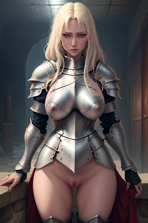 Female Knight, no panties, cum dripping pussy, pussy soaked with cum, covered in cum, cumshot, cum in all holes, huge load, extreme amounts of cum, boobs must be seen, pussy must be seen, motionless, unconscious, her glassy eyes stare blindly into nothingness, A testimony to her failure, cum, sperm, embarrassment,