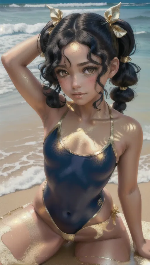masterpiece, best quality, ((small breasts)), detailed background, woman on a beach, ((gold and blue swimsuit)), curly black hair in pigtails, detailed golden eyes, exhausted, blushing, pointy nipples, red ribbon in hair, ((stretching)), detailed pussy