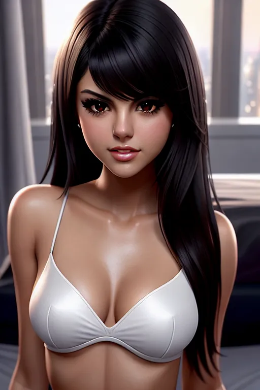 a digital painting of,attractive woman (face resembles a combination of Victoria justice with young Selena Gomez),full body, looking at viewer ferociously, naked,(shooting from a high point),on hotel bed,arched back,thin waist, lightly toned abs,five slender finger,side-swept bangs,beautiful detailed face,beautiful lips,big eyes,curved eyebrows,smooth skin,satisfaction,cinematic lighting,steamy,ultra realistic,sharp focus,cgsociety,surreal