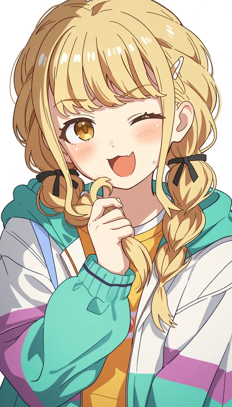 best quality, score_7, score_9, sensitive, very aesthetic, ultra detailed, fair skin, explicit, high contrast, 1girl, fujita kotone,
blonde long hair, blush, braid, dot nose, holding own hair, skin fang, sweatdrop, v-shaped eyebrows, yellow eyes, hood down, hooded multicolored jacket, long sleeves, twin braids, looking at viewer, open mouth, solo, upper body, low twin braids, hooded jacket, grabbing own hair, fang, blonde hair, hand up, black ribbon, hair ornament, smile, :3, hair ribbon, ribbon, jacket, one eye closed, hairclip, multicolored clothes,
The scene features a single, cheerful anime-style girl with long, wavy blonde hair styled into two thick braids. She has one eye closed in a wink and the other open, revealing warm brown eyes. Her expression is joyful and playful as she holds a small section of her own hair between her fingers.