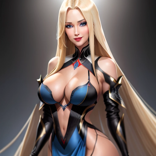 blonde female long straight hair black microdress 38 dd standing, smiling blue eyes, red lips