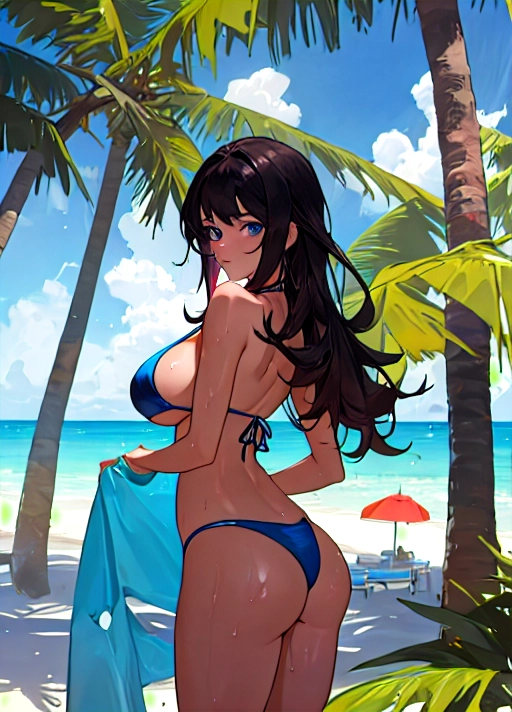 24yo girl, dark hair, blue eyes, wearing a colorful bikini, pretty face, sexy body, big butt, large breasts, timidly posing for photo, on the beach, under a palm tree, rear view, wet body, close up, cabana in the background