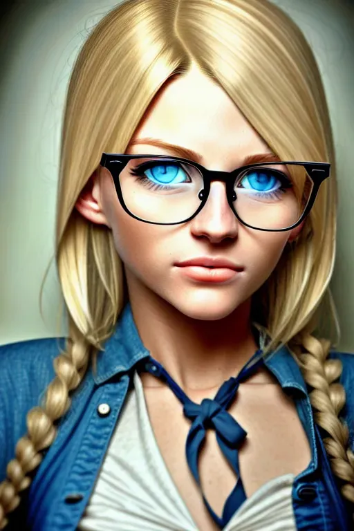 a dirty blonde womanwith glasses, blue eyes, tomboy-ish look for a cover for a novel