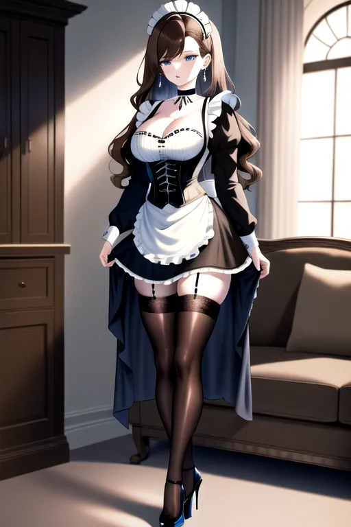 masterpiece, best quality, living room, 1girl, earrings, choker, brown hair, full body, standing, maid uniform black thigh highs, pale skin, high heels, blue eyes, apron, corset, giant breasts, cleavage, wavy hair, miniskirt, black clothes, petite, 25 years old