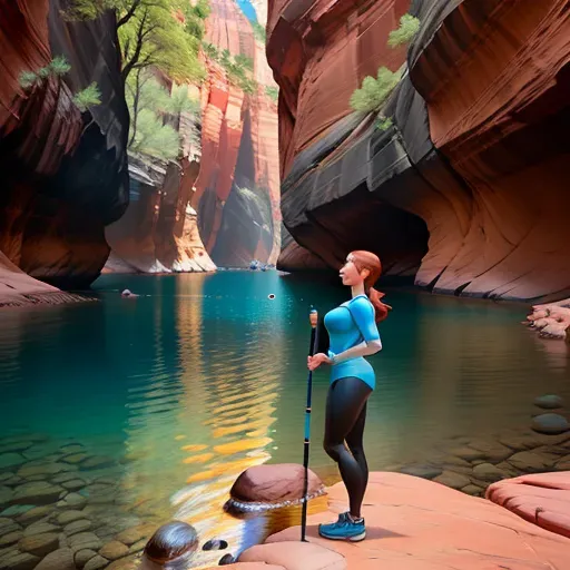 Anna in Zion National Park in summer. hiking the Narrows with Elsa. low angle shot, very low intensity light, dimly lit. 3 figures, different clothing.
Main figure.
Figure 1:
innocent, elegant, sweet, Anna of Arendelle 33 years old, Nordic, dressed for hiking in a dark green outfit, large natural round blue eyes, long auburn hair, sweet face, warm smile, soft curved eyebrows, smaller modest breasts. hiking staff in her hand. Sunglasses over her eyes.
Figure 2:
Hans of the Seven Isles. Dressed for hiking in blue and white. Flirting with Anna.
Figure 3: Elsa of Arendelle. Platinum hair. slightly taller than Anna. Dressed for hiking in light blue.
five fingers per hand, ultra realistic, unreal engine, reduced saturation, adult
