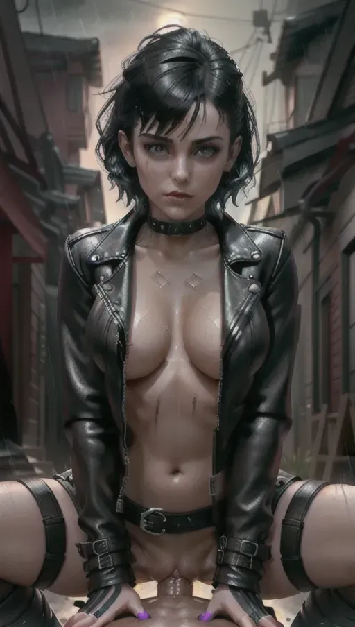 Digital POV of goth girl having sex with viewer, in dark alleyway, (beautiful facial features), detailed facial features, (rainy night:1.2), full moon, (wet surfaces), seductively biting her lip, perfect face, (wearing a wet leather jacket:1.2), wearing a miniskirt, wearing thigh high stockings, wearing a choker, (exposed vagina:1.4), (perfect body), (small perky breasts:1.3), erect nipples, cute vagina, beautiful face, beautiful eyes, big eyes, short hair, volumetric lighting, most beautiful girl in the world, porn, highest quality, (moist skin), damp surfaces, ray tracing, reflective surfaces, 8k resolution, cgsociety, 3D artwork, blender porn, (masterpiece:1.4), <lora:dpmg_pov_cowgirl:1>