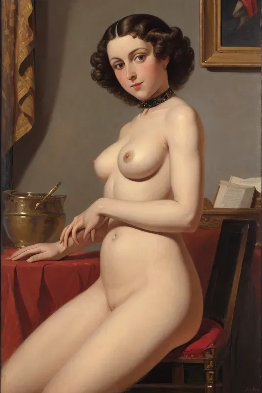 painting of a woman, boudoir, legs spread, detailed face, aroused, seductive, obedient, slut, slave collar, intricate, elegant, masterpiece, dynamic pose