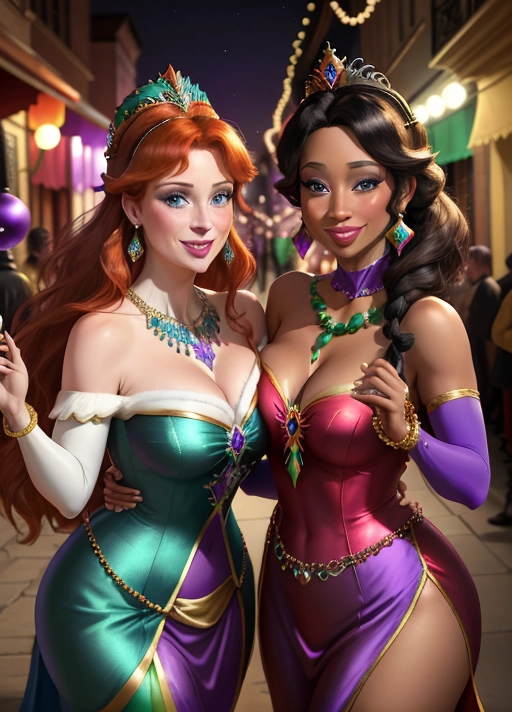 Beautiful auburn haired big bright blue eyed sweet warm excited adult Anna of Arendelle in an elegant festive dress, mask and plentiful Mardi Gras beads with her new friend Princess Tiana, a beautiful 19-year-old with African-American heritage, medium-length jet black hair tied in a low ponytail, hazel eyes, and a bright smile. Both living it up at the excitement of Mardi Gras wearing masks and beads galore in purple, gold and green. Photorealsitic.