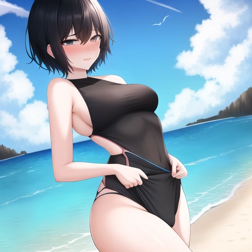 Blushing moaning woman with short black hair and small breasts, blue bathing suit at the beach